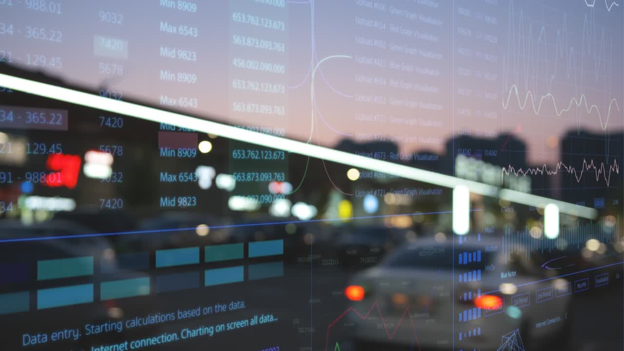 desenfocamiento de movimiento de las luces de la ciudad con capa de datos holográficos