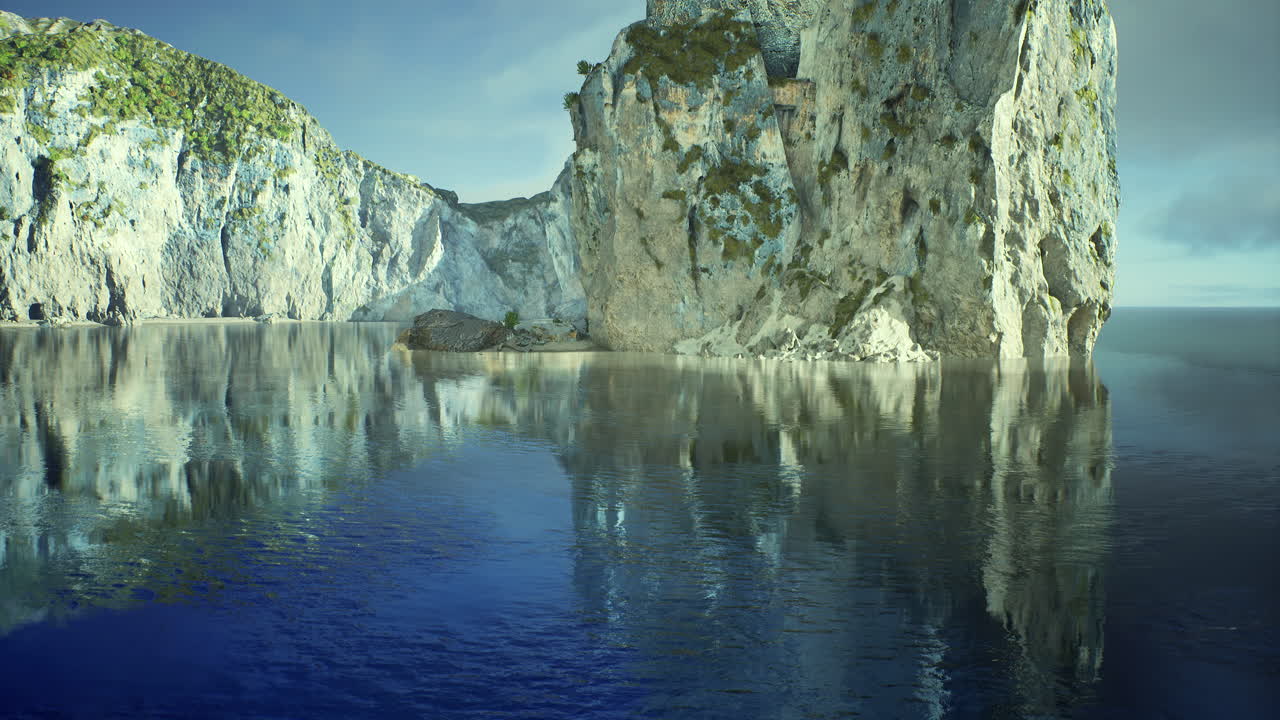 Reflections of a rocky cliff in serene blue waters at dawn in a quiet location