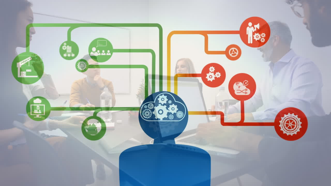 animación de la nube y iconos digitales sobre la gente de negocios.