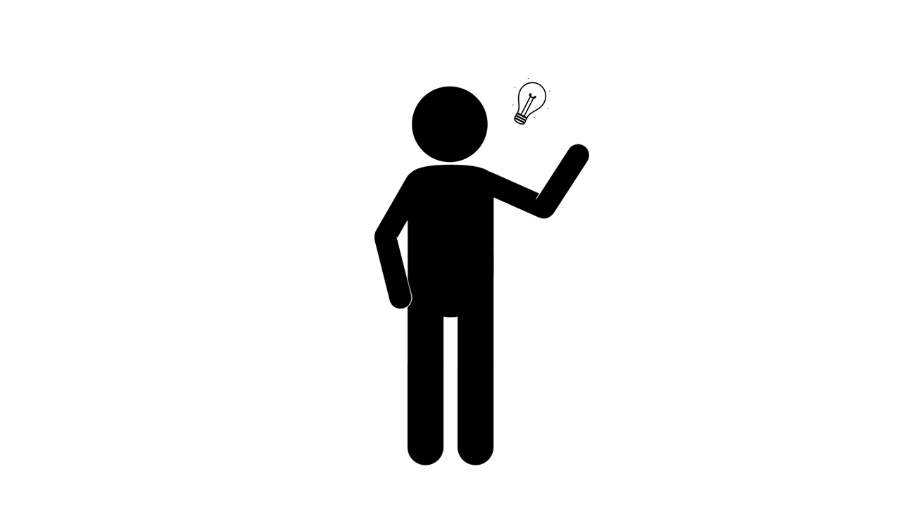 Un bonhomme noir minimaliste réfléchit, puis découvre une idée brillante sur un arrière-plan blanc