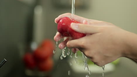 las manos de las mujeres lavan un melocotón jugoso bajo el agua del grifo. video en cámara lenta