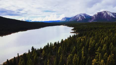 johnson range lake on sunny afternoon in mountains, aerial drone