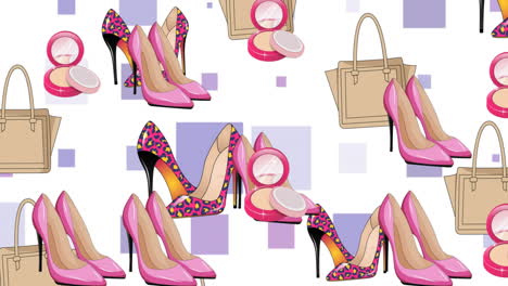 animation of handbags and shoes icons on white background