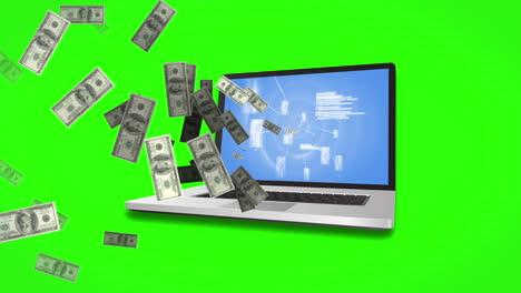 dinero saliendo de una computadora portátil en el fondo de la pantalla verde