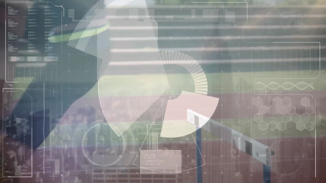 animación del procesamiento de datos en la interfaz digital sobre el salto de obstáculos del corredor en el estadio deportivo