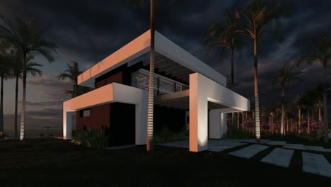 4k video of modern house in luxurious style by the sea or ocean on sunset