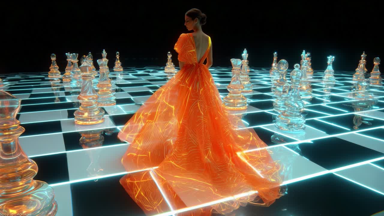 A Captivating Visual Journey Through a Surreal Chessboard Landscape Featuring an Elegantly Dressed Figure in an Eye-Catching Orange-Gown with Illuminated Chess Pieces in a Mystical Setting