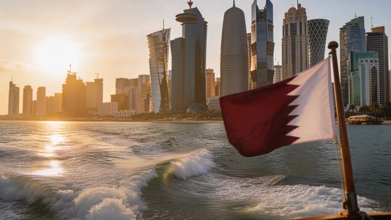 Departing boat causing maroon white flag fluttering at stern pole, widening foamy wake, copy space