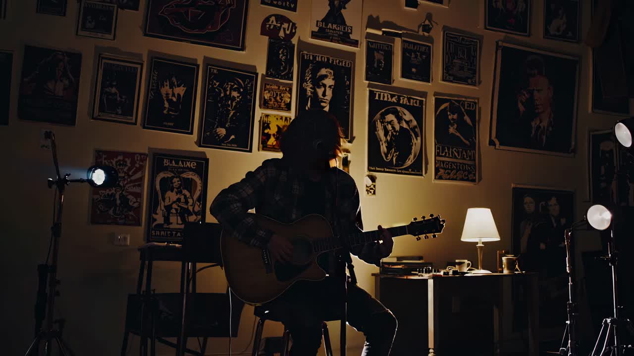 A moody video scene of a musician playing guitar in a dimly lit room, captured from a low angle