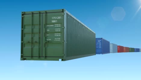 abstract containers moving on blue sky seamless. looped 3d animation of flying modern metal containers. transportation business concept.