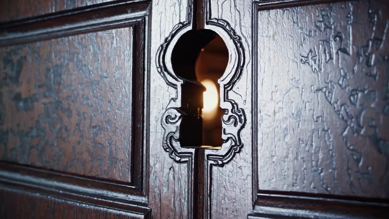 Close-up video of a vintage wooden door with intricate keyhole design, shot from a low angle