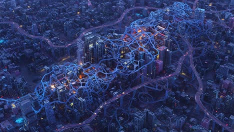 aerial view of an urban network: an intricate web of connectivity and infrastructure illuminating a city at night with innovative designs and modern architecture