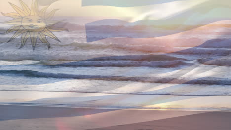 animación de la bandera de uruguay ondeando sobre el paisaje marino