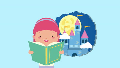 world book day celebration with little girl reading and fairytale castle