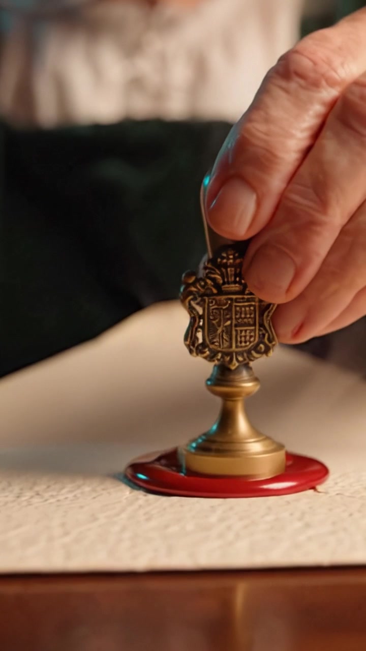 Un elegante processo di sigillatura con ceralacca: creare un'impressione senza tempo con un bastoncino di ceralacca rossa e un timbro metallico su pregiata carta pergamena, tra una fiamma tremolante.