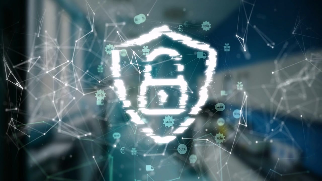 Particle mesh drifting into frame forming breaking reforming holo shield padlock signaling security