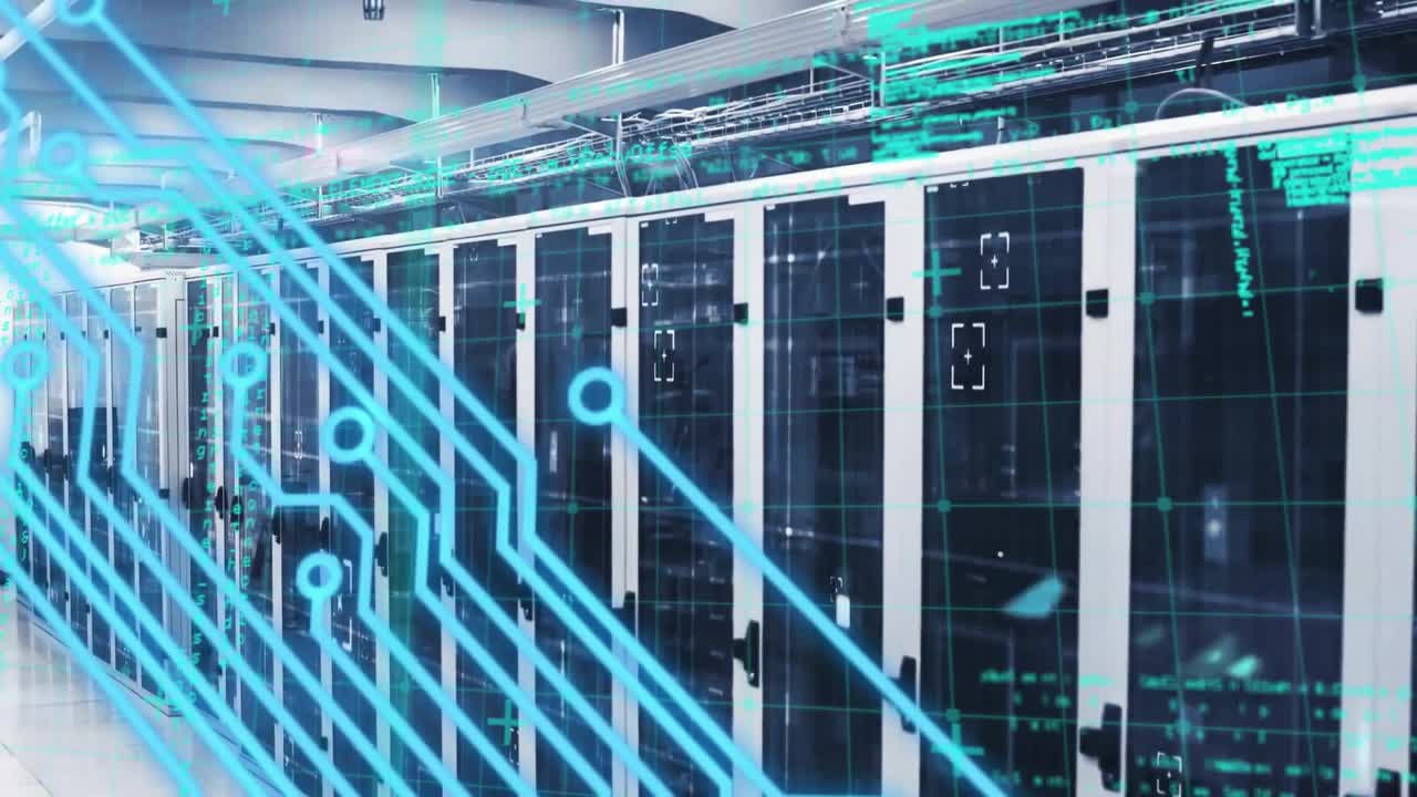 Animation of circuit board and data processing over computer servers