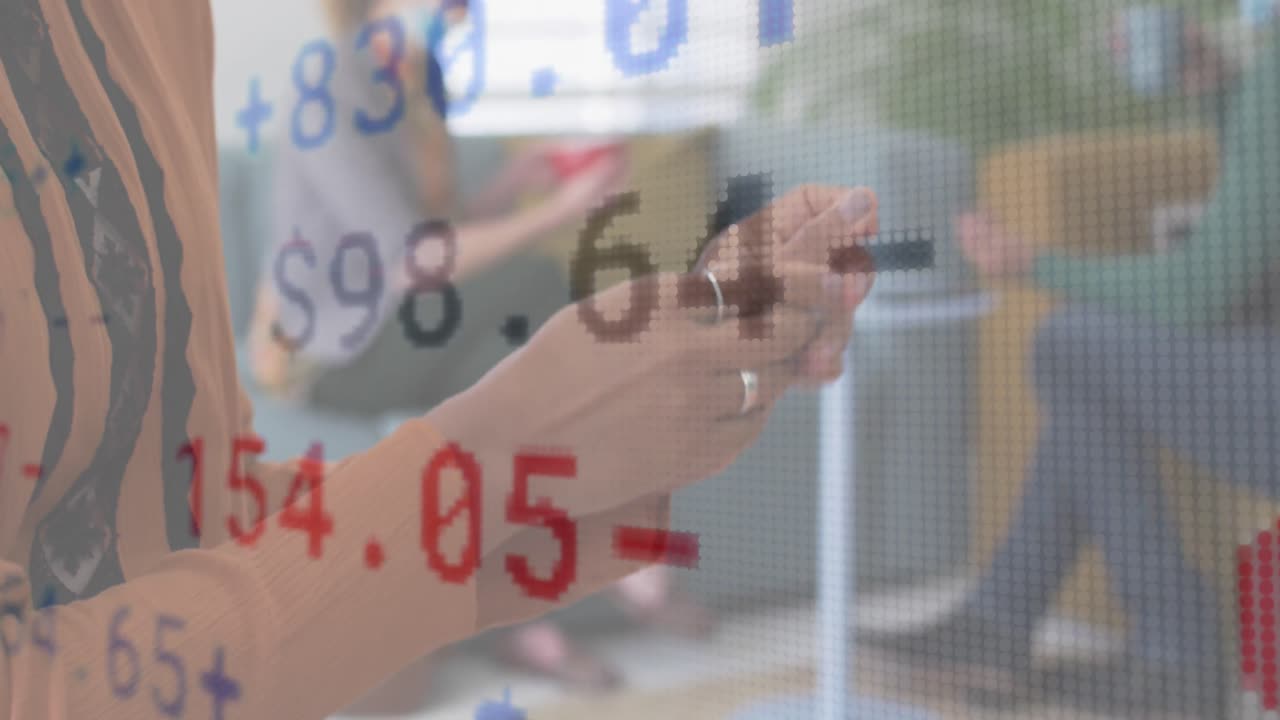 Animation of digital interface showing statistics with woman disinfecting hands in office