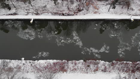 top down view winter landscape along snow covered trollhätte canal, sweden