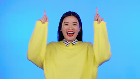 Asian-woman,-portrait-and-excited-with-hands