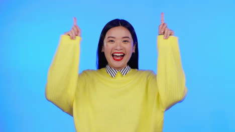 asian woman, portrait and excited with hands