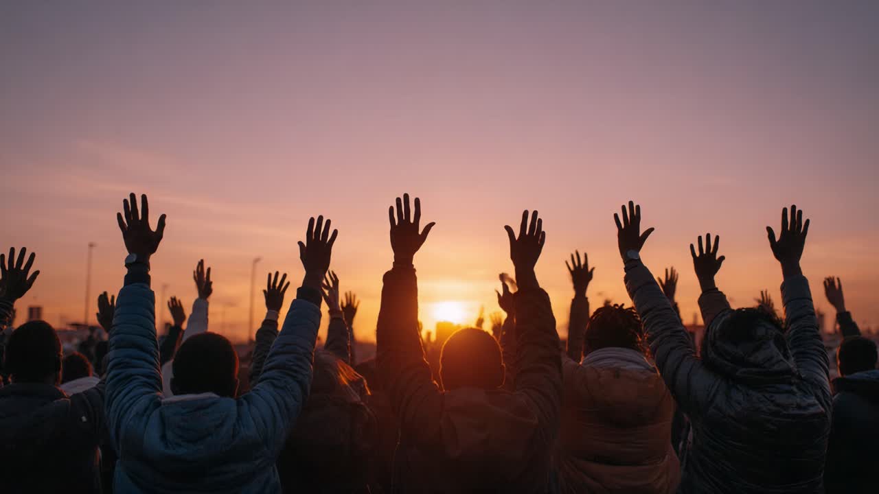 A Powerful Sunset Gathering: People United with Outstretched Hands, Celebrating Togetherness and Resilience in a Moment of Connection and Hope