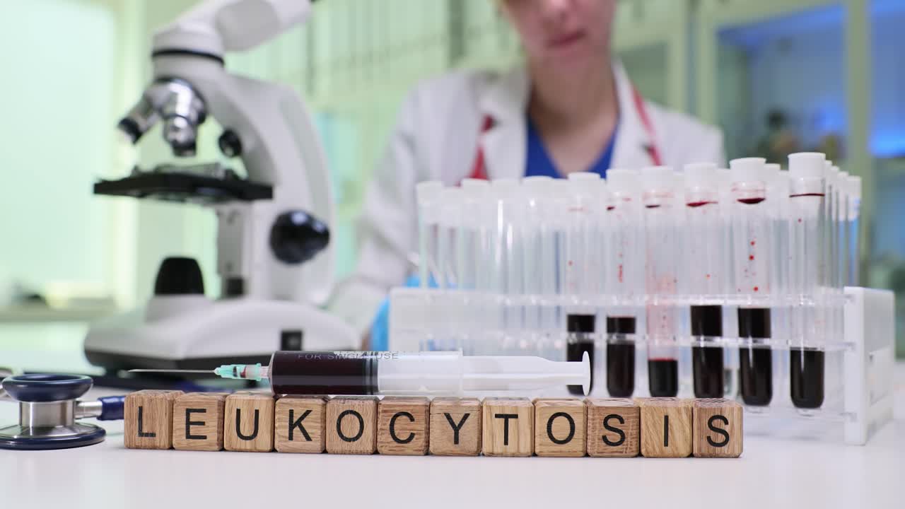 Medical Laboratory Scene with Leukocytosis Spelled Out