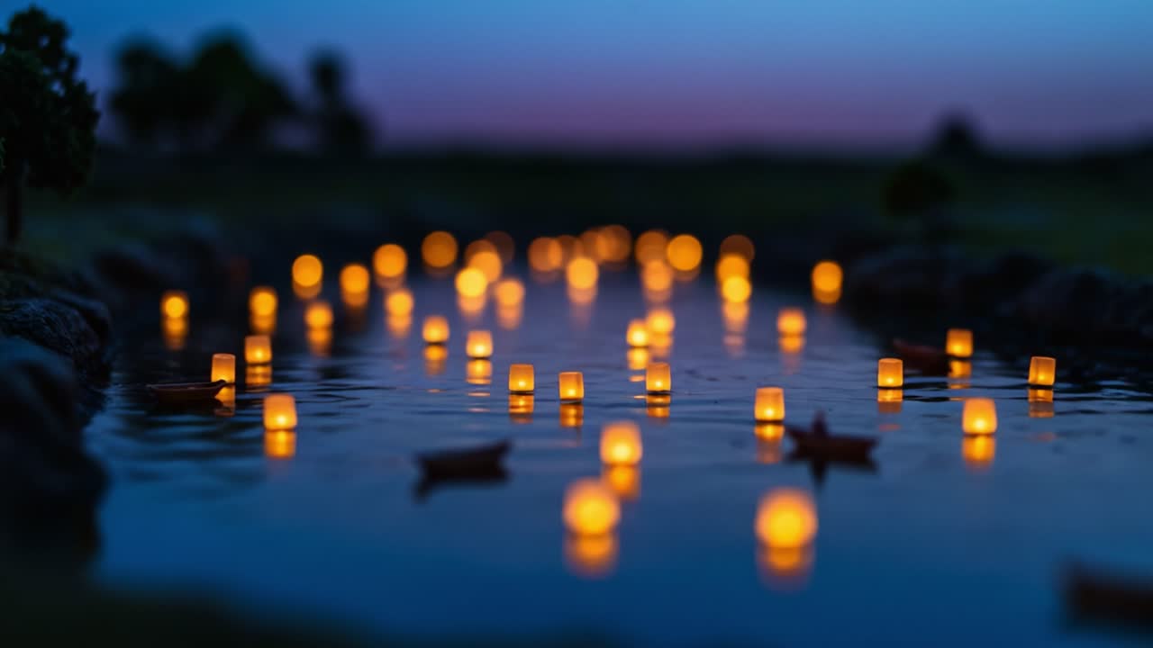 A Tranquil Evening Scene of Floating Lanterns on Water, Illuminating the Reflective Surface under a Twilight Sky with Peaceful Surroundings