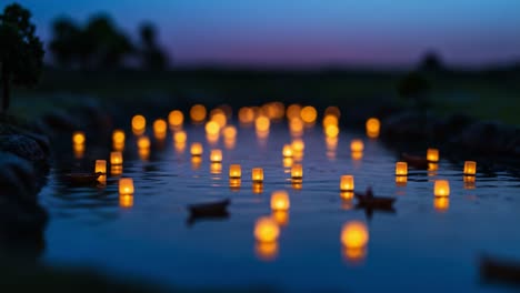 a tranquil evening scene of floating lanterns on water, illuminating the reflective surface under a twilight sky with peaceful surroundings
