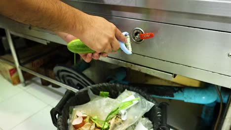 persona pelando pepino sobre el contenedor de basura