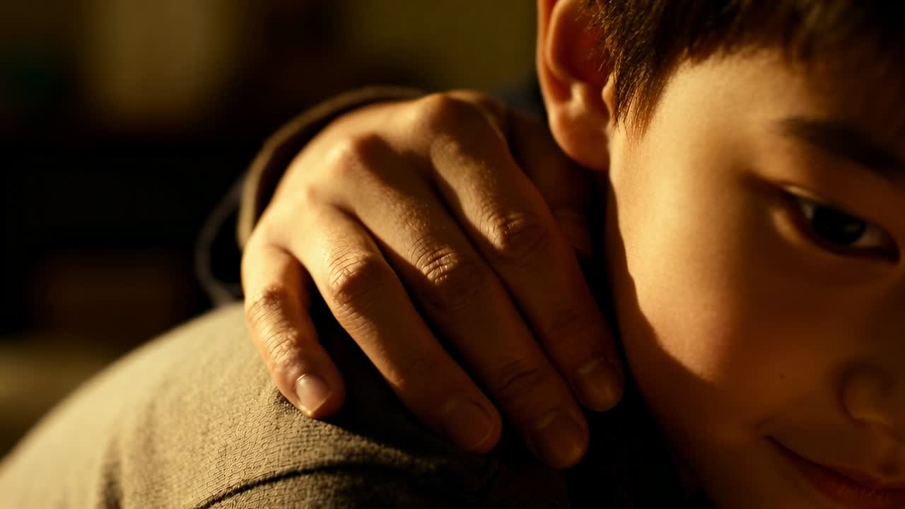 Mano adulta confortante sulla spalla di un bambino che, a casa, guarda in basso, offrendo conforto.