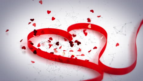animación de cinta roja en forma de corazón con confeti de corazón rojo cayendo, sobre red en blanco