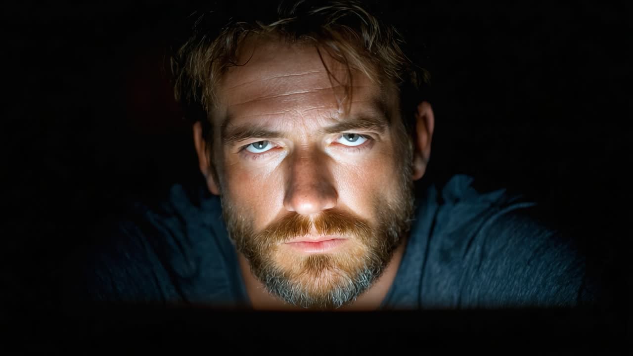 Intense Focus: A Man Deep in Thought Illuminated by a Screen's Glow, Capturing a Moment of Concentration and Emotional Reflection