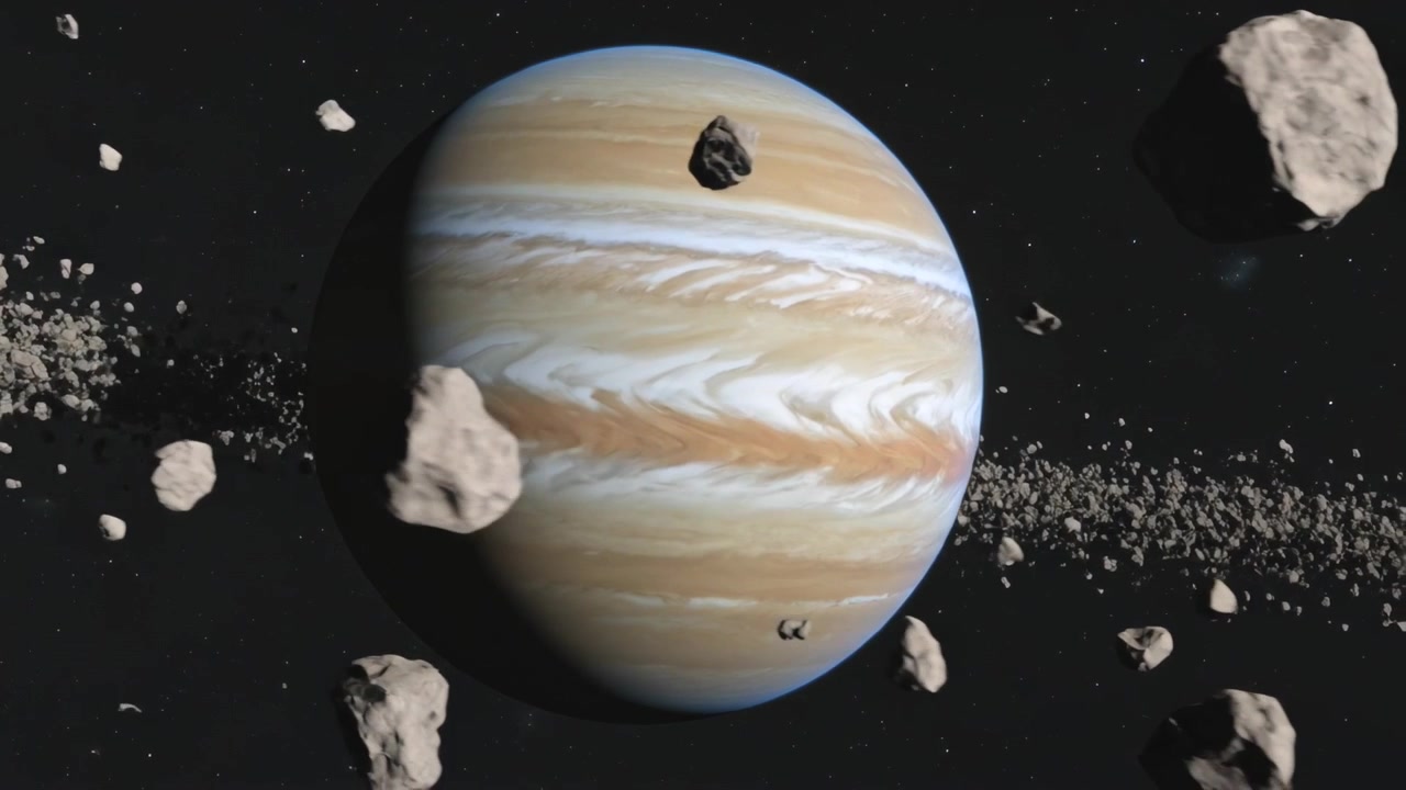 Showing banded gas giant shifting limb shadows while debris belt fragments breaking in outer space