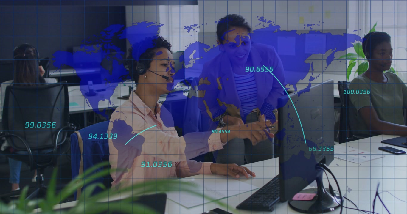 Business call agent greeting supervisor with smartphone as animating global data map for analytics