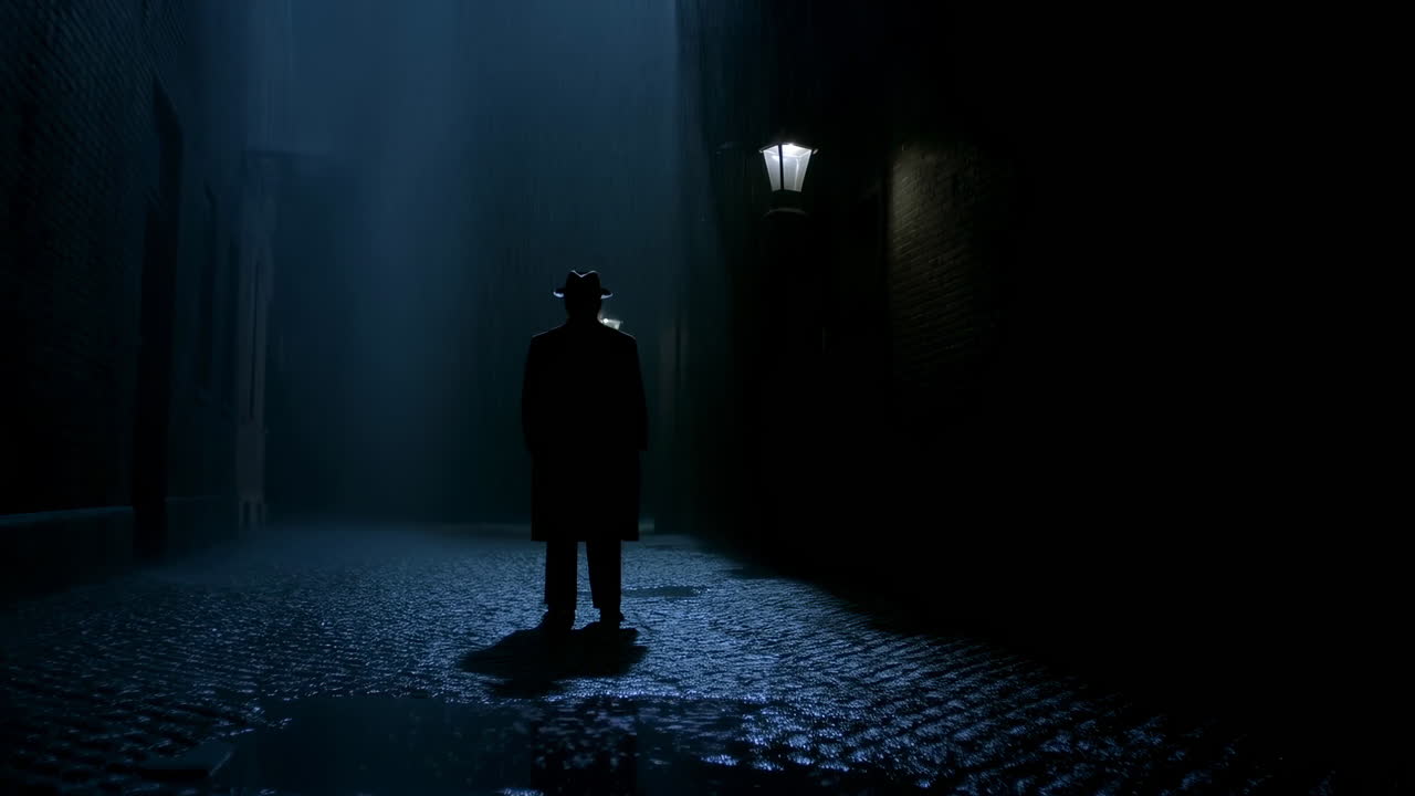 Detective en silueta en un callejón adoquinado y brumoso, caminando bajo la luz de una farola con charcos húmedos y reflectantes.