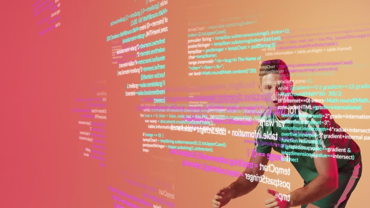 Animation of caucasian male soccer player over data processing