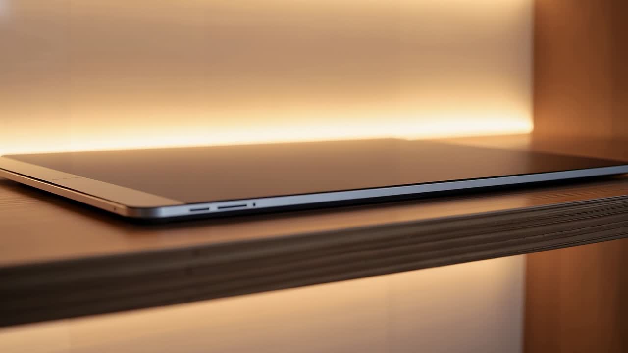 Panning camera filming slim tablet on wood shelf, focusing on ports and thin edge, LED glow
