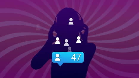 silhouette of person with headphones over social media followers animation