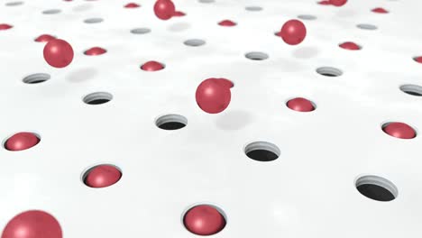 abstract red background 3d shapes balls flying in holes. 4k animation looping footage.