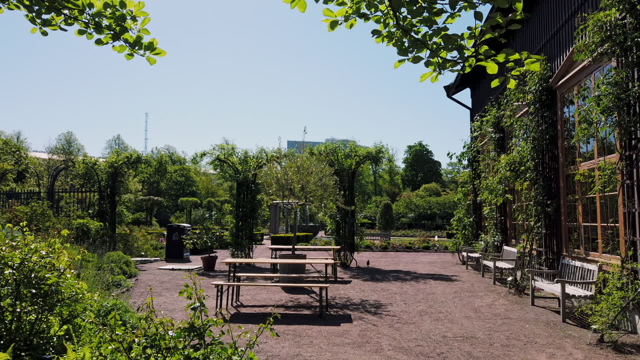 Gothenburg Botanical Garden on sunny day. Pan left