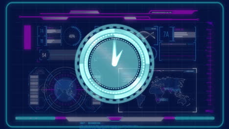 displaying data charts and world map, futuristic animation with circular element