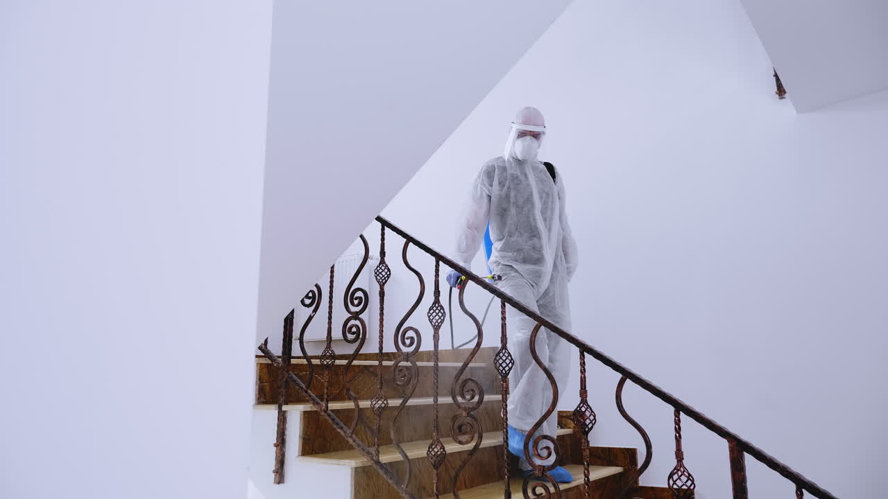 Frontline worker in hazmat suit disinfects