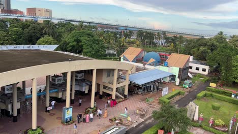 aerial view of gate and garden of the science city in kolkata, west bengal.