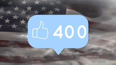 Animation-of-speech-bubble-with-numbers-and-like-icon-over-clouds-and-flag-of-usa