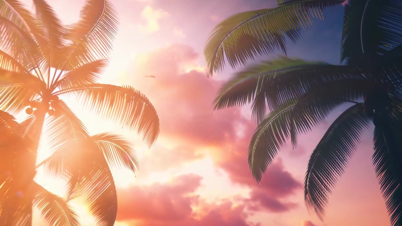 Palme tropicali con cielo al tramonto dorato e bagliore dell'obiettivo
