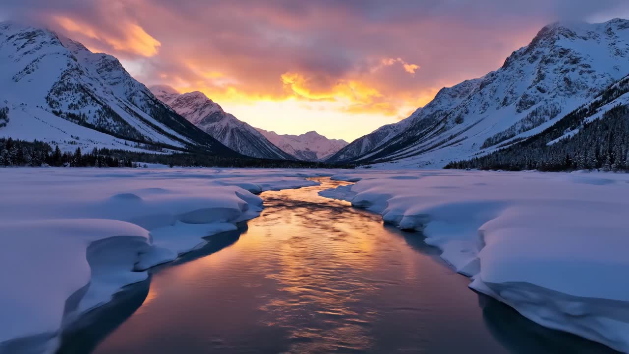 Winter Landscape with Snowy Mountains and River at Sunset