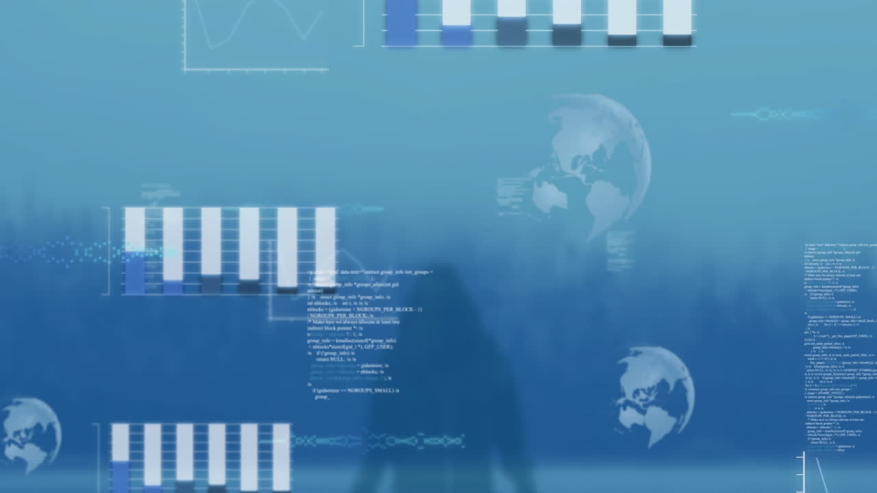 Animation of data processing over rear view of man standing against cityscape