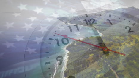 animation of fast moving hands on clock over american flag and landscape