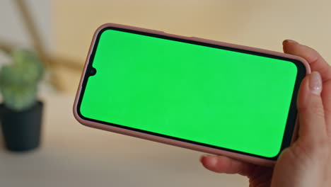 woman hand holding chromakey smartphone home closeup. lady looking green screen